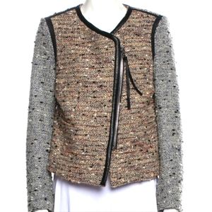 Sandro Tweed Boucle Leather Trim Collarless Moto Jacket